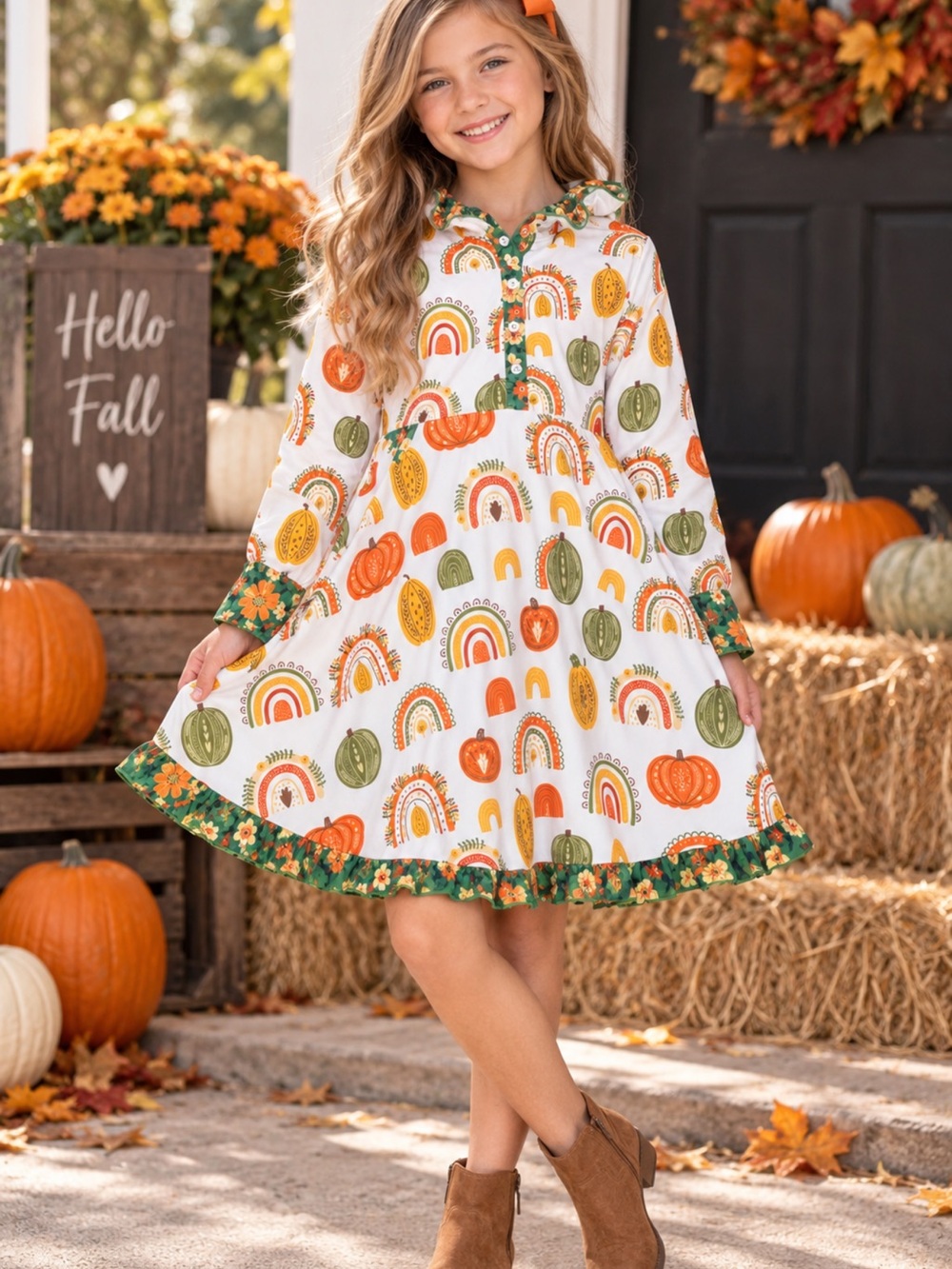 Chris & Missy Girls Size 12 Fall Pumpkin Rainbow Thanksgiving Ruffle Dress